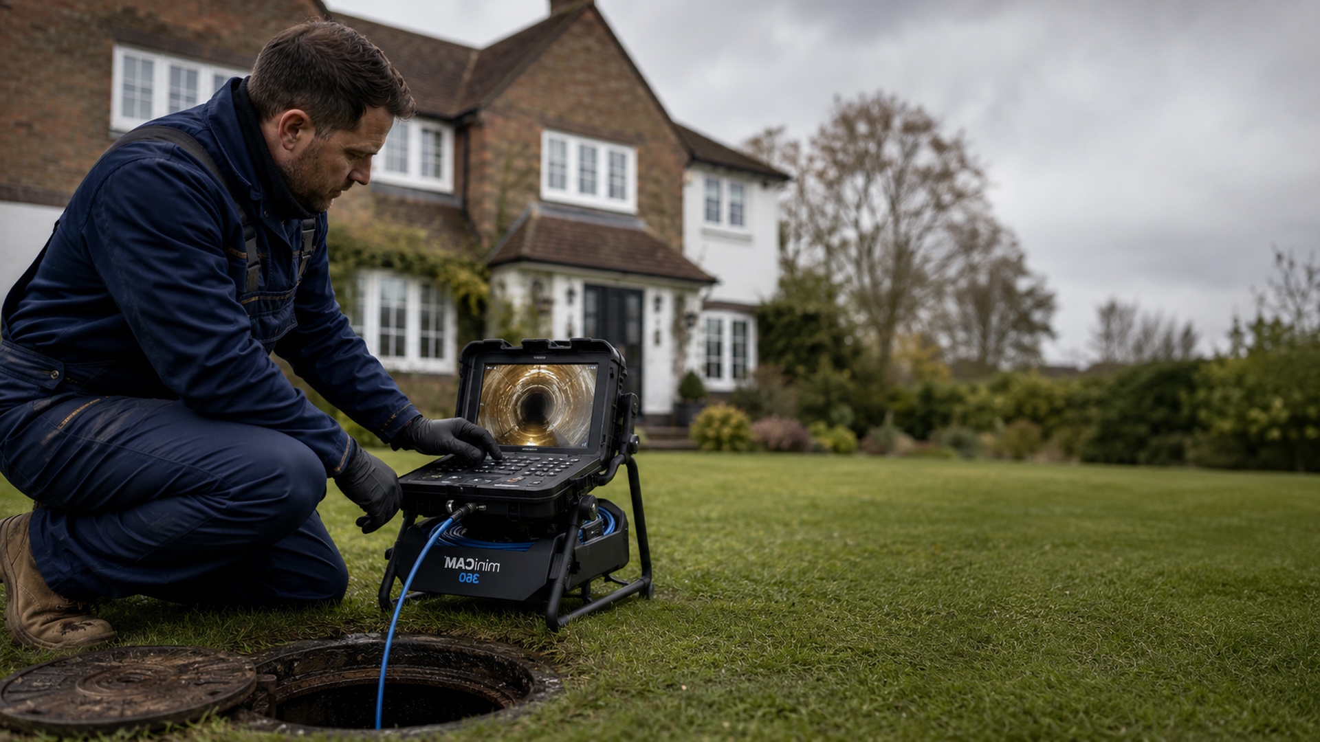 Engineer operating CCTV drain camera equipment in a residential garden