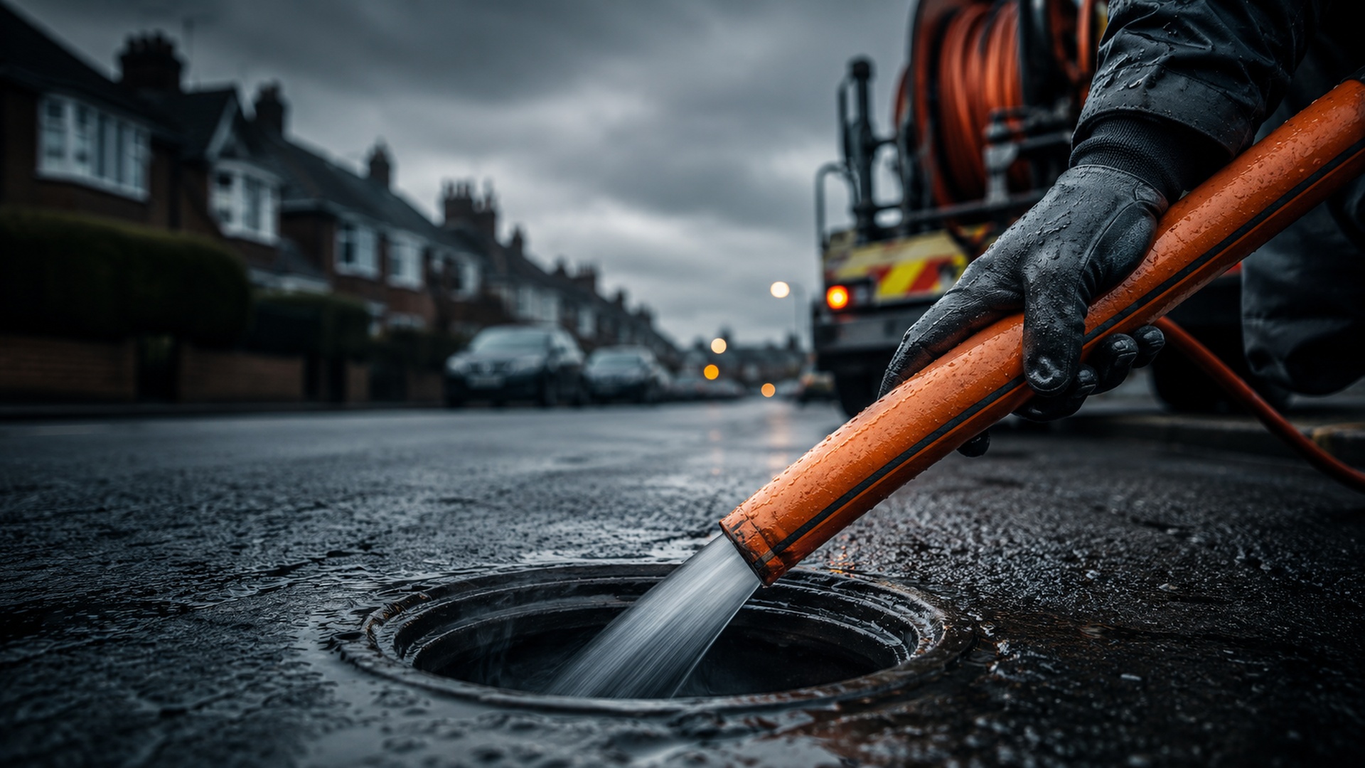 High-pressure drain jetting hose being fed into a residential drain