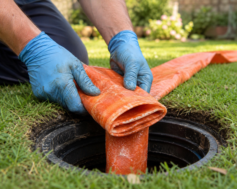 Engineer feeding a drain lining into a residential pipe access point