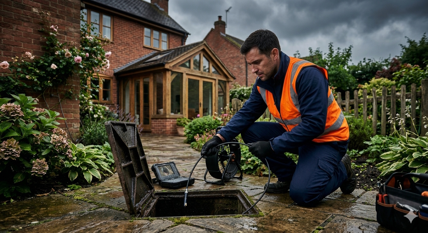 Drain engineer using CCTV survey equipment in a residential garden